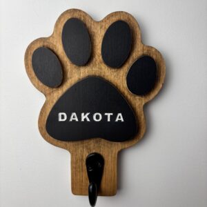 Solid Wood Paw Print Leash Holder with Black Pad Accents – Wall Mounted Dog Organizer